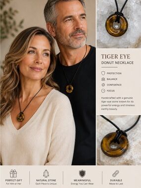 Tiger Eye Donut Pendant Necklace - Black Cord